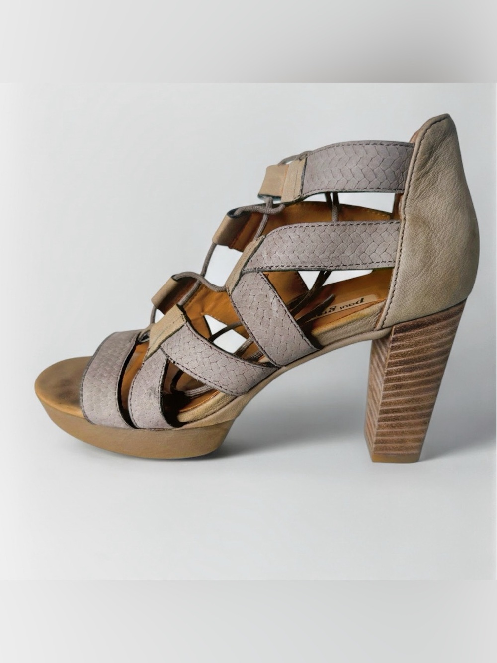 Paul Green Leather Lace Up Block Heel Gladiator Sandals Taupe Women’s US 7.5